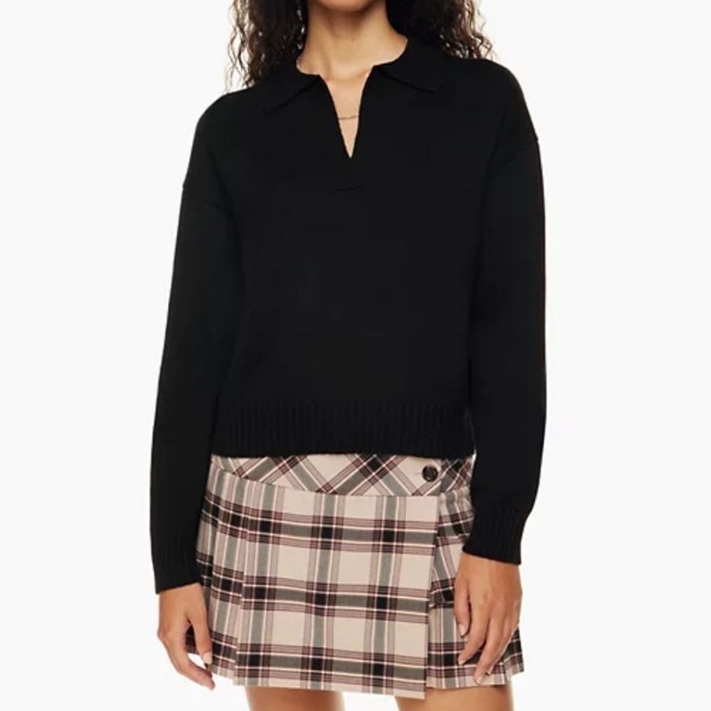 Aritzia Sunday Best Lottie solid black cashmere blend polo sweater top